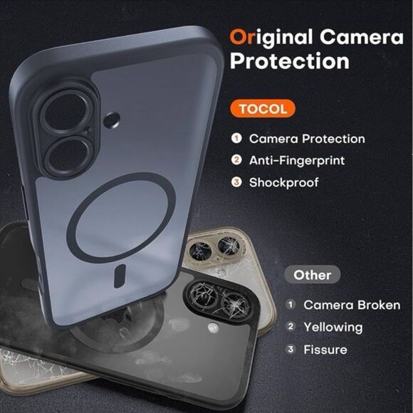 TOCOL Iphone 16 Black Magnetic Black Magsafe Compatible Case Matte Translucent - Picture 3 of 12